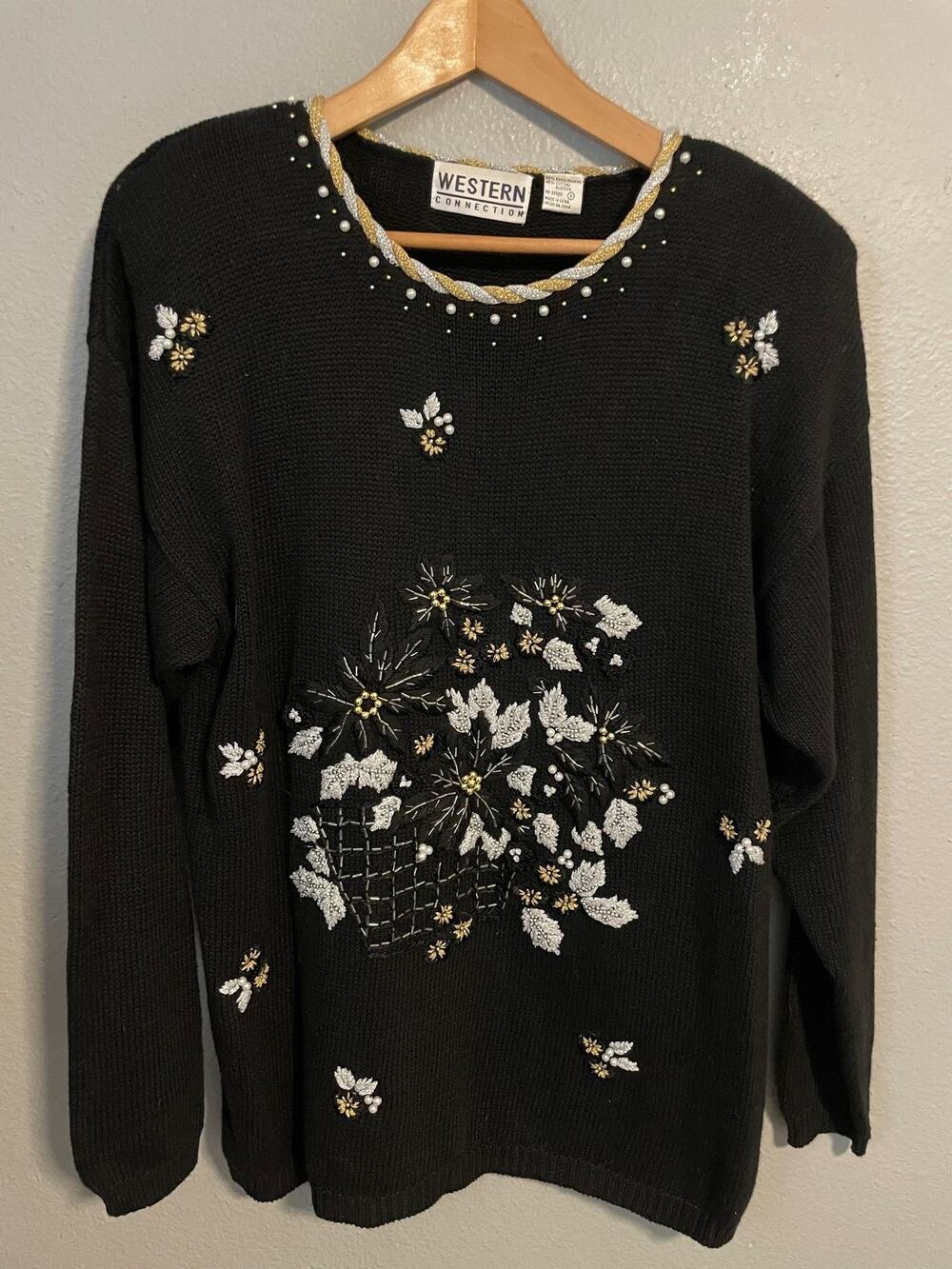 Vintage Womens Sweater Size Small Black Floral Beaded Embroidered Grannycore 90s